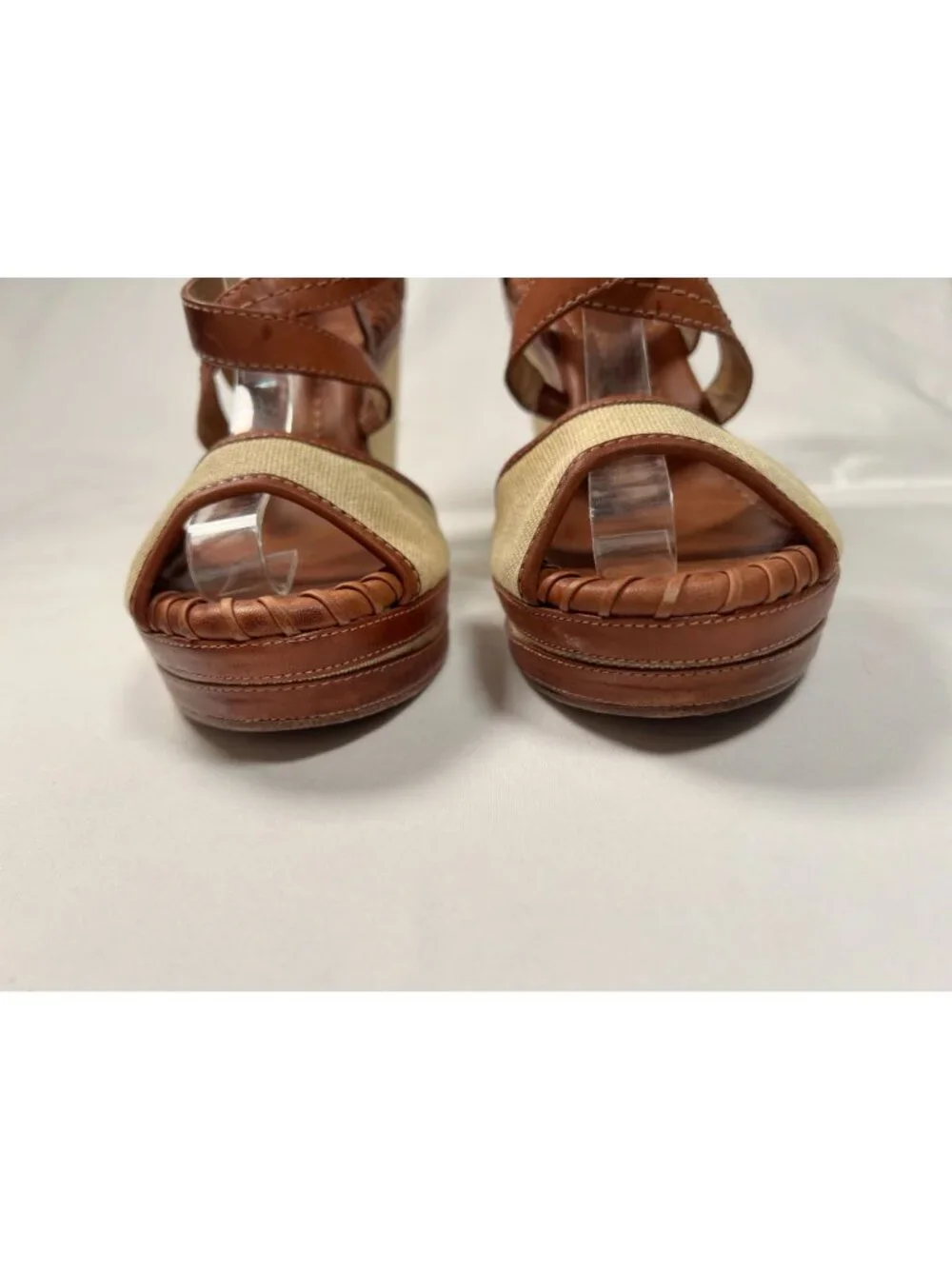 FRYE Corrina Wedge Sandals Tan Brown Leather Canvas Platform Heel 9.5